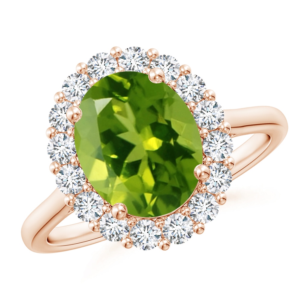 10x8mm AAAA Oval Peridot Ring with Floral Diamond Halo in Rose Gold