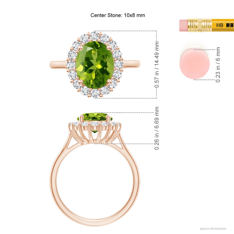 10x8mm AAAA Oval Peridot Ring with Floral Diamond Halo in Rose Gold ruler