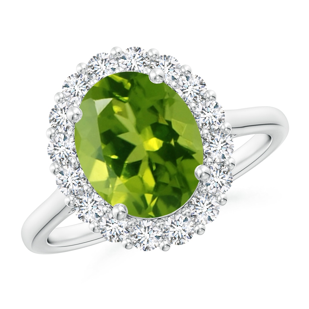 10x8mm AAAA Oval Peridot Ring with Floral Diamond Halo in White Gold