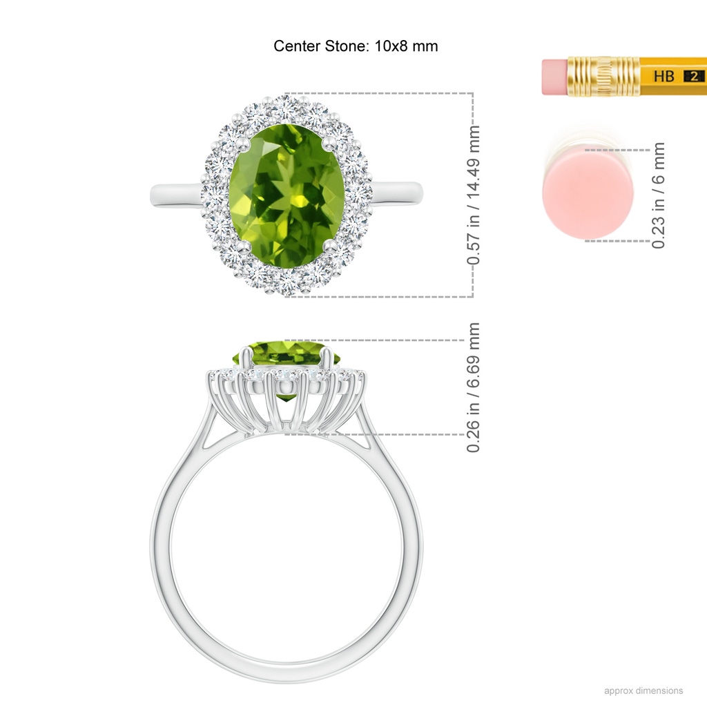 10x8mm AAAA Oval Peridot Ring with Floral Diamond Halo in White Gold ruler