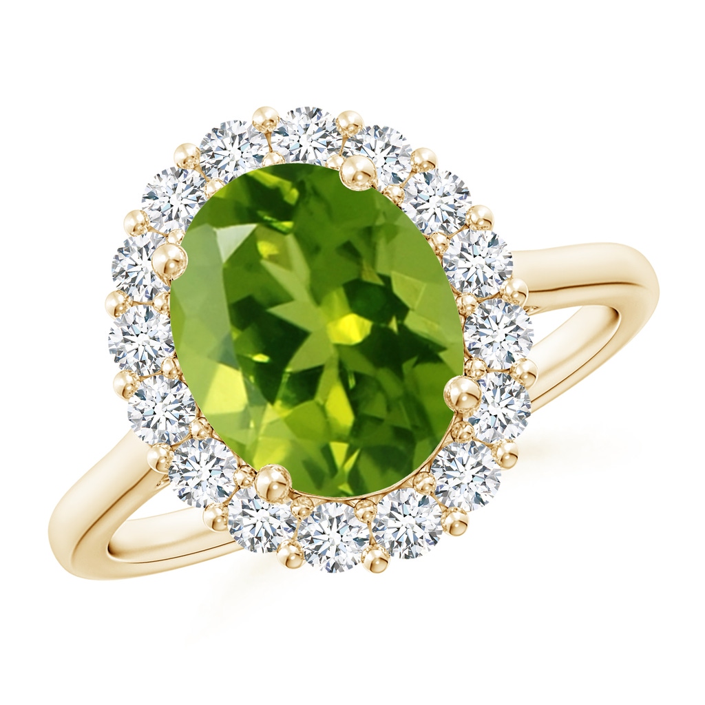 10x8mm AAAA Oval Peridot Ring with Floral Diamond Halo in Yellow Gold