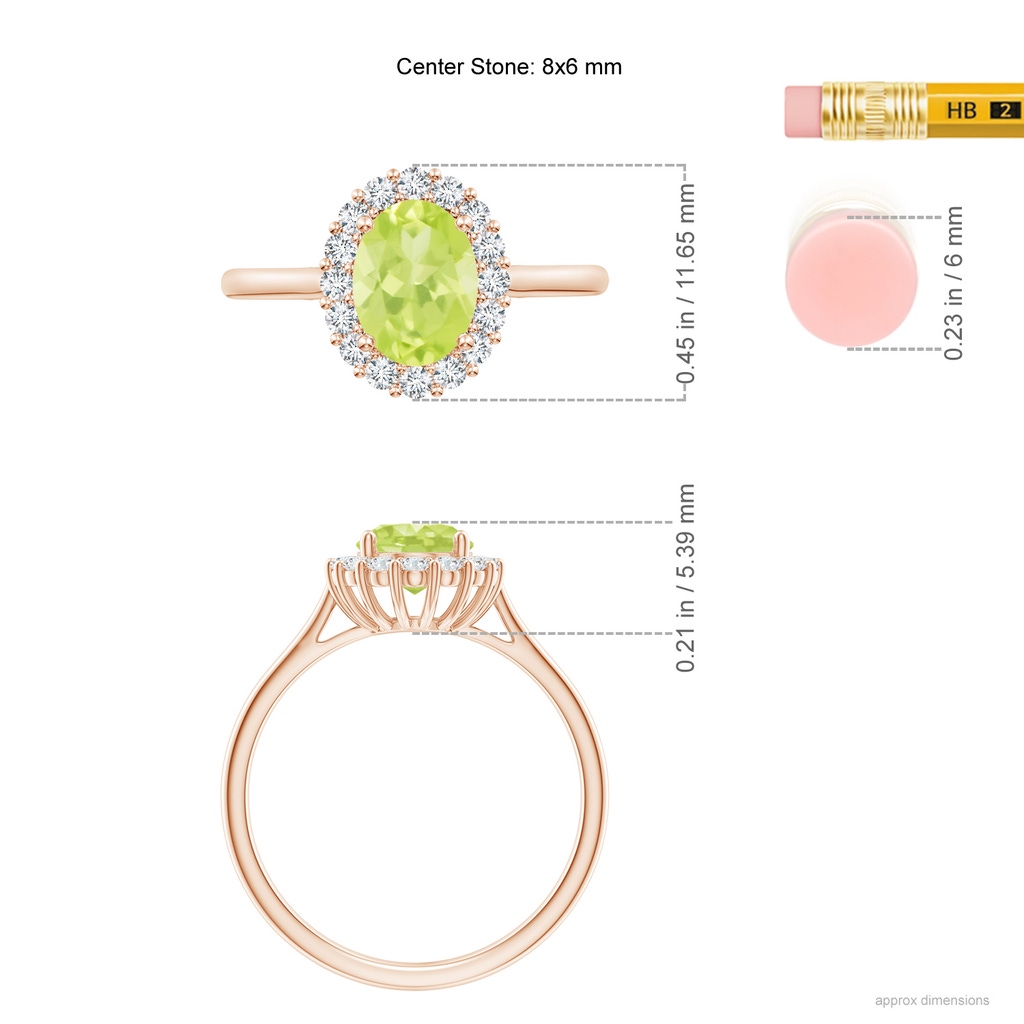 8x6mm A Oval Peridot Ring with Floral Diamond Halo in Rose Gold ruler