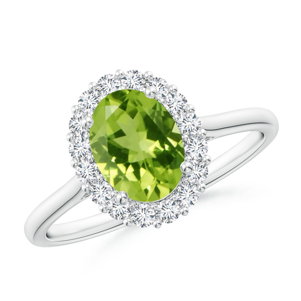 8x6mm AAA Oval Peridot Ring with Floral Diamond Halo in White Gold