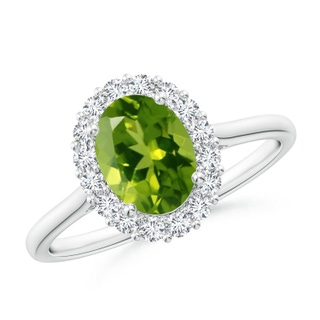 8x6mm AAAA Oval Peridot Ring with Floral Diamond Halo in P950 Platinum