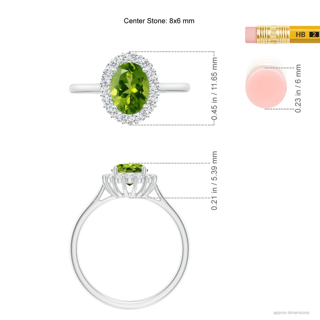 8x6mm AAAA Oval Peridot Ring with Floral Diamond Halo in P950 Platinum ruler