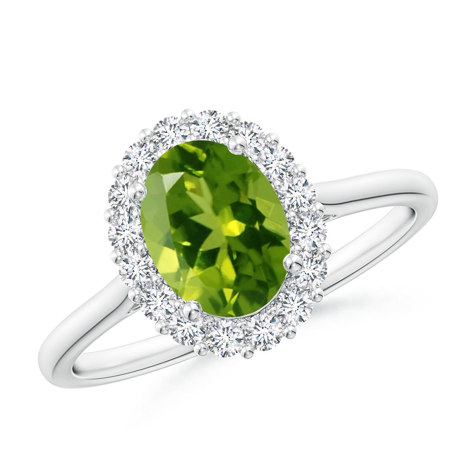8x6mm AAAA Oval Peridot Ring with Floral Diamond Halo in White Gold 