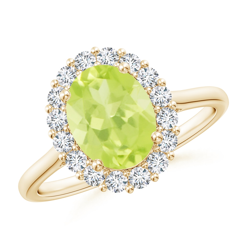 9x7mm A Oval Peridot Ring with Floral Diamond Halo in 9K Yellow Gold 