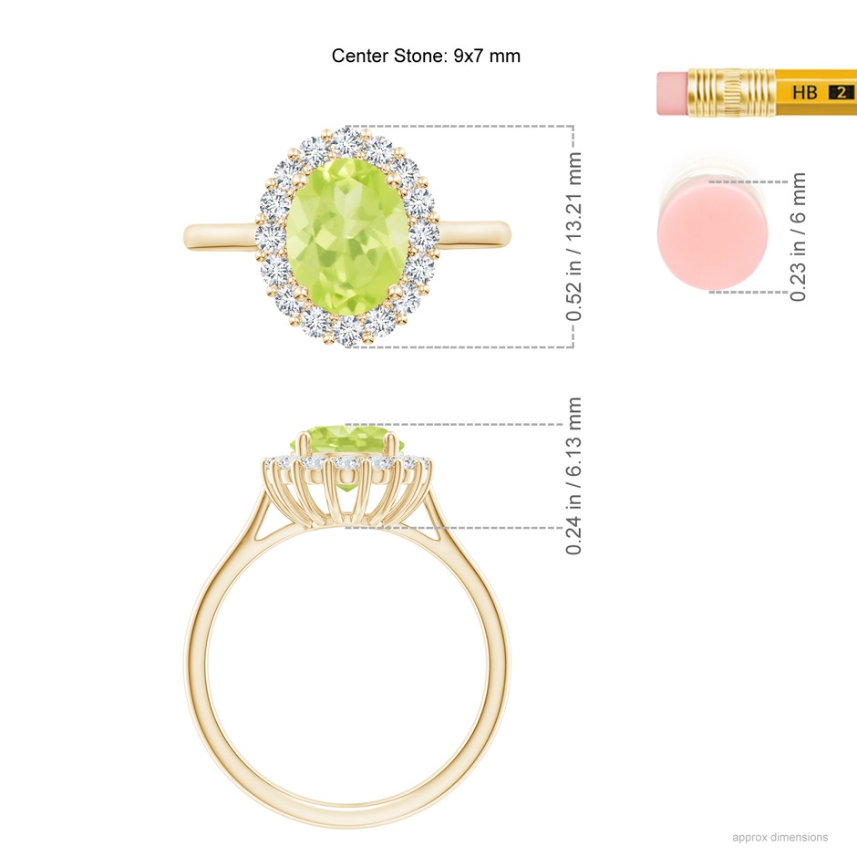 9x7mm A Oval Peridot Ring with Floral Diamond Halo in 9K Yellow Gold ruler