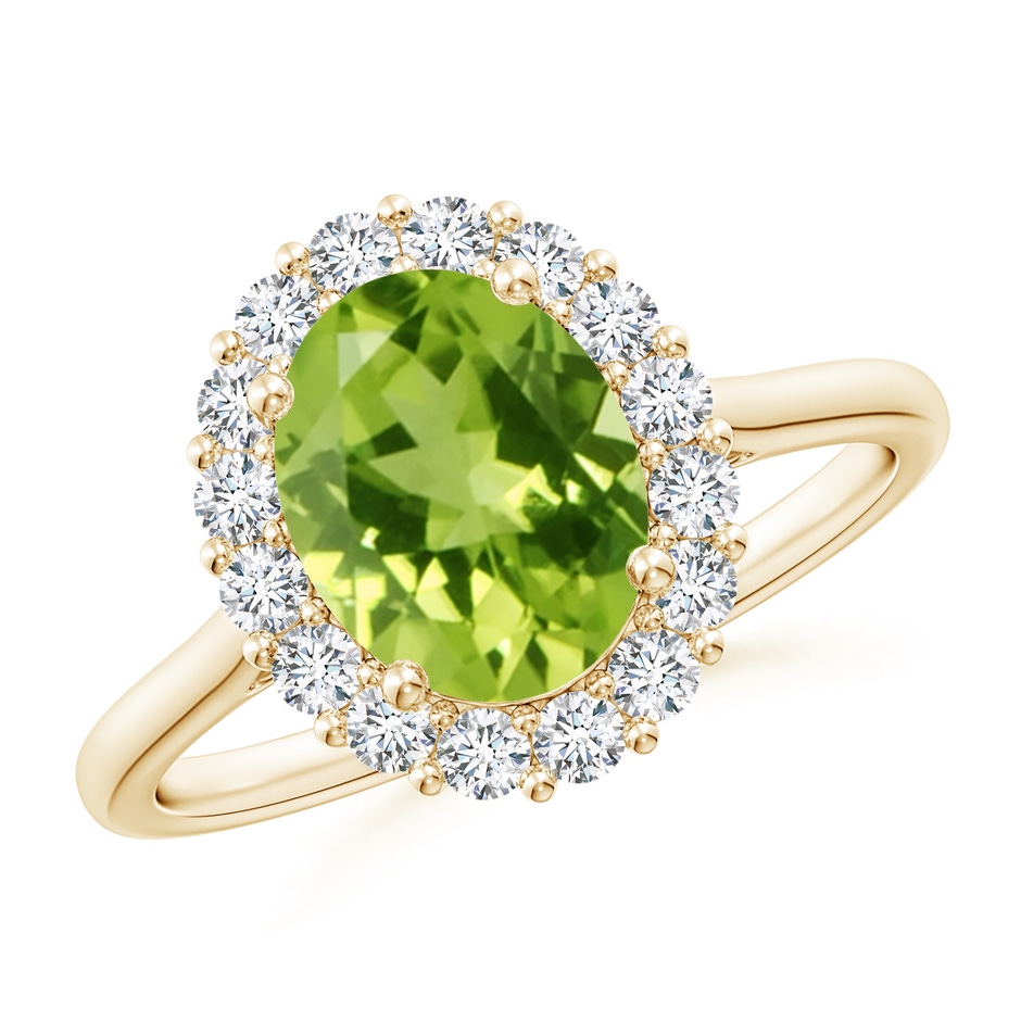 9x7mm AAA Oval Peridot Ring with Floral Diamond Halo in Yellow Gold 