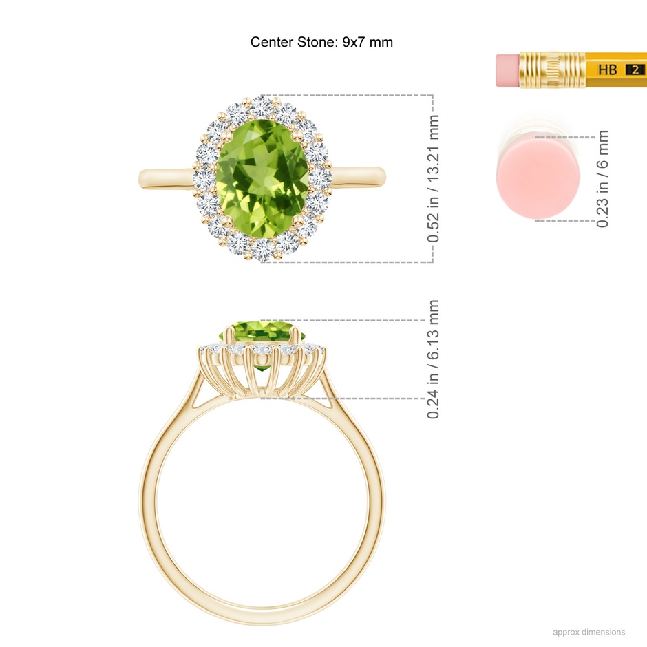 9x7mm AAA Oval Peridot Ring with Floral Diamond Halo in Yellow Gold ruler