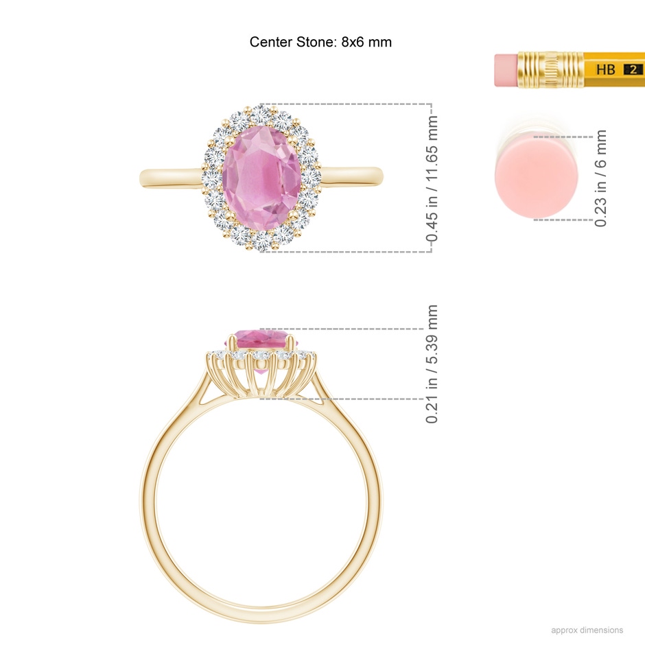 8x6mm A Oval Pink Tourmaline Ring with Floral Diamond Halo in Yellow Gold ruler