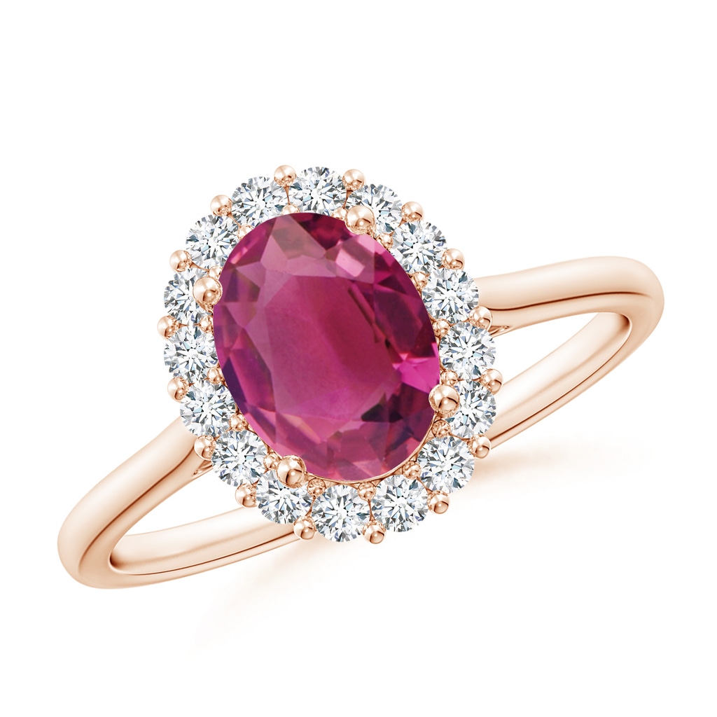 8x6mm AAAA Oval Pink Tourmaline Ring with Floral Diamond Halo in Rose Gold