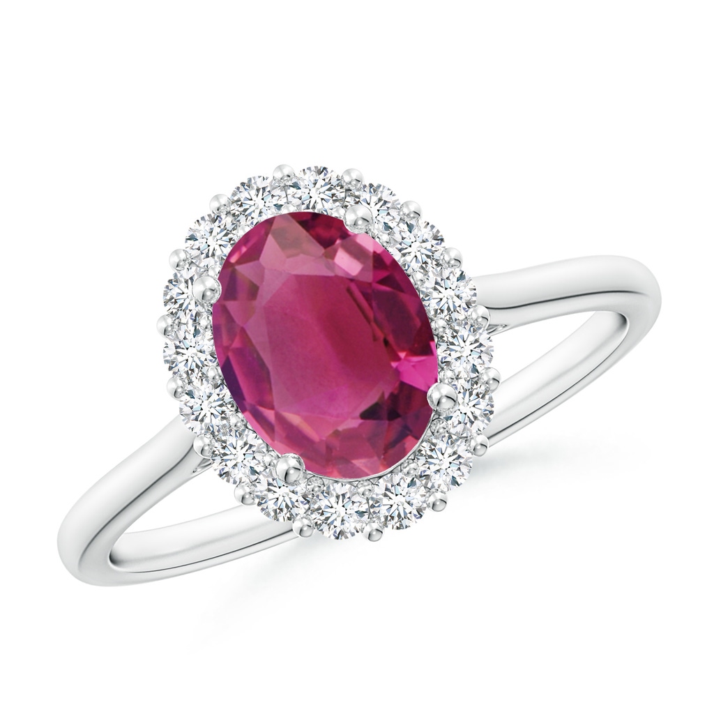 8x6mm AAAA Oval Pink Tourmaline Ring with Floral Diamond Halo in White Gold