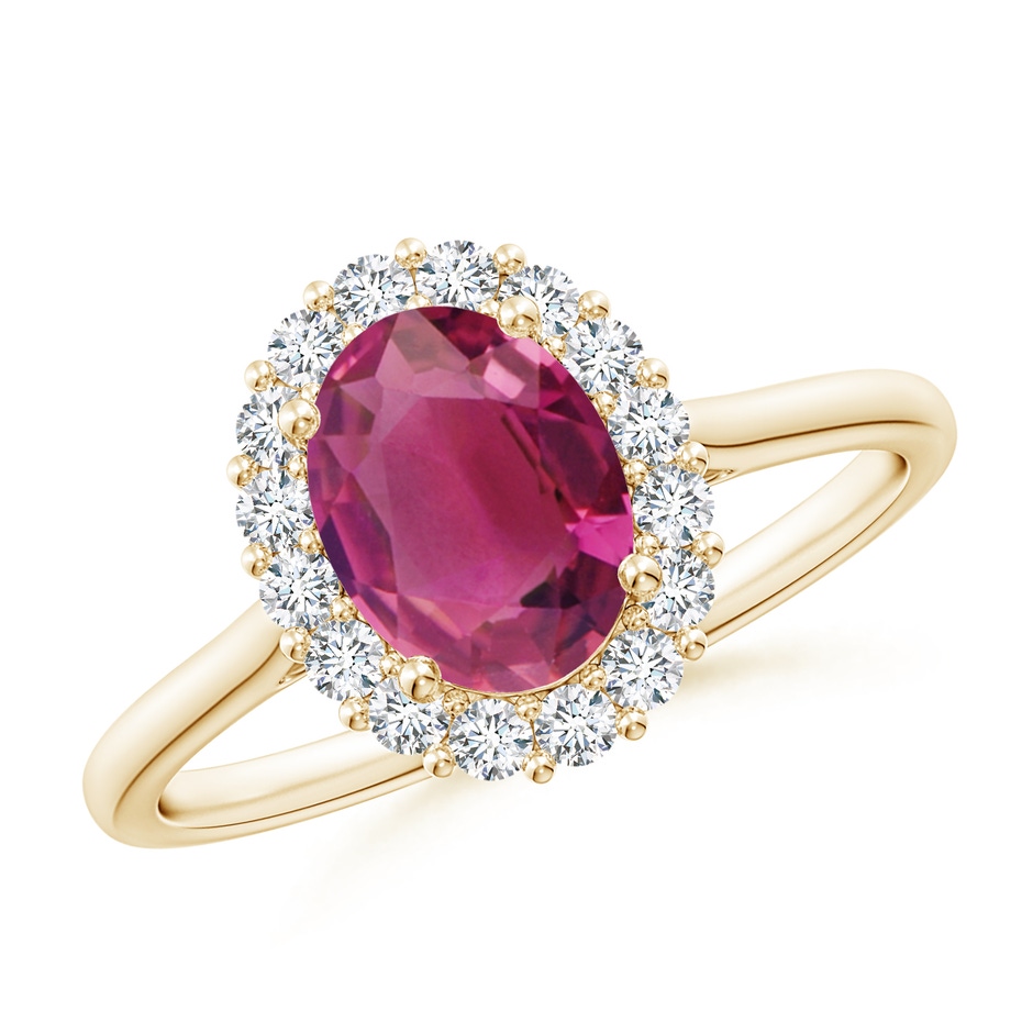 8x6mm AAAA Oval Pink Tourmaline Ring with Floral Diamond Halo in Yellow Gold 