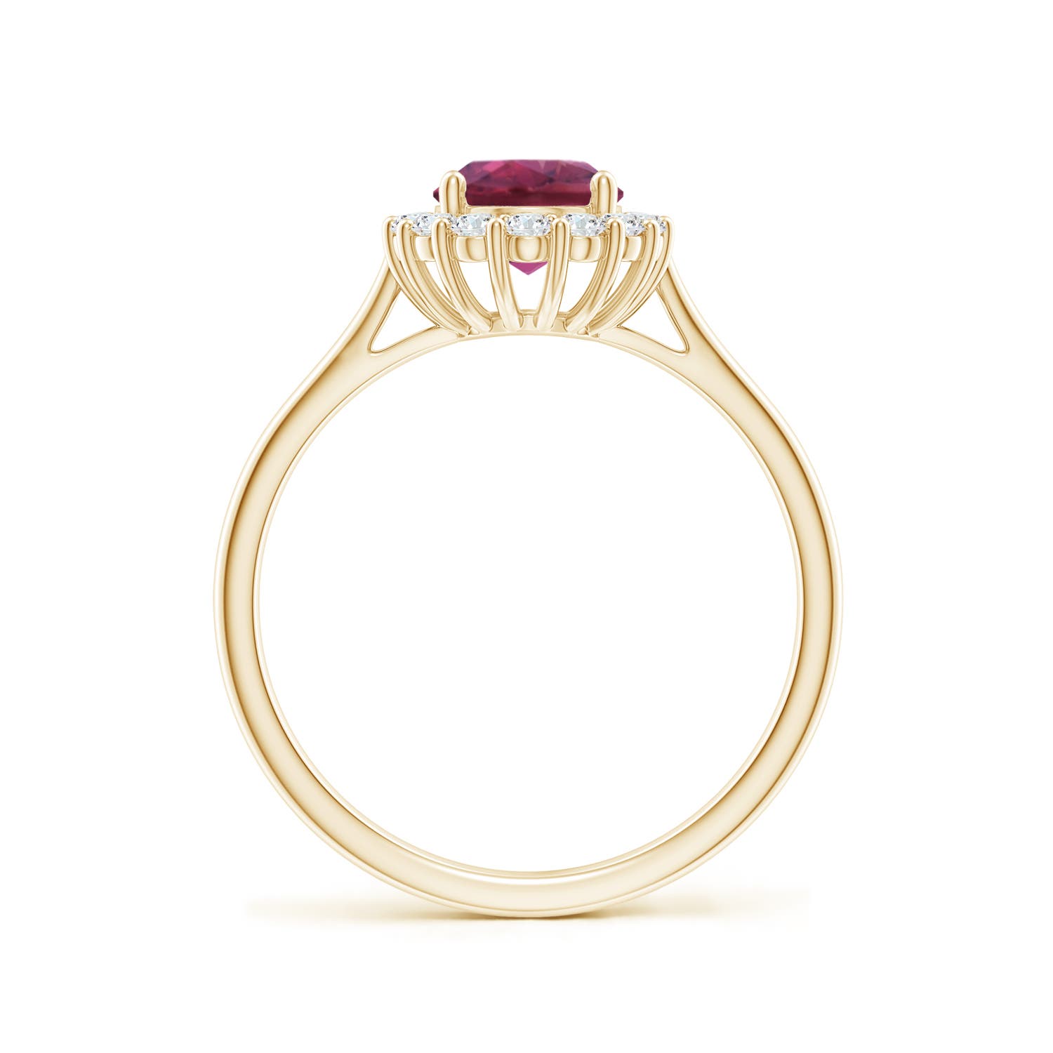 8x6mm AAAA Oval Pink Tourmaline Ring with Floral Diamond Halo in Yellow Gold - side 2