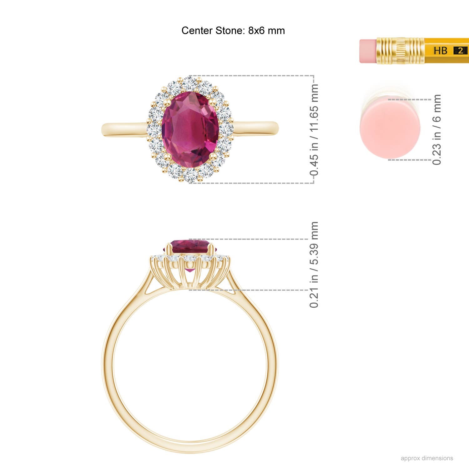 8x6mm AAAA Oval Pink Tourmaline Ring with Floral Diamond Halo in Yellow Gold - ruler