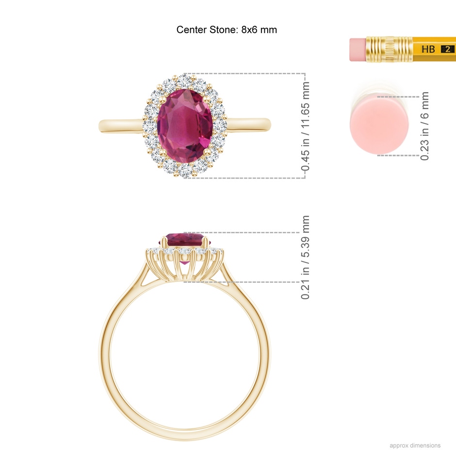 8x6mm AAAA Oval Pink Tourmaline Ring with Floral Diamond Halo in Yellow Gold ruler