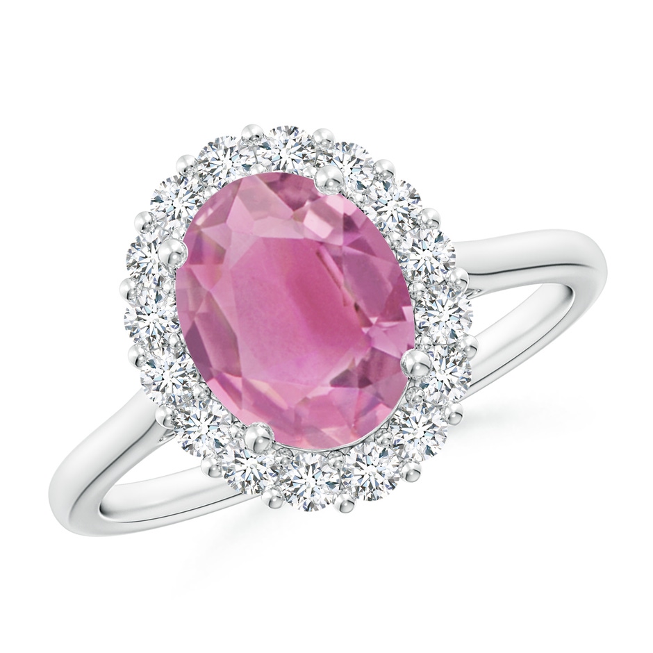 9x7mm AA Oval Pink Tourmaline Ring with Floral Diamond Halo in White Gold 