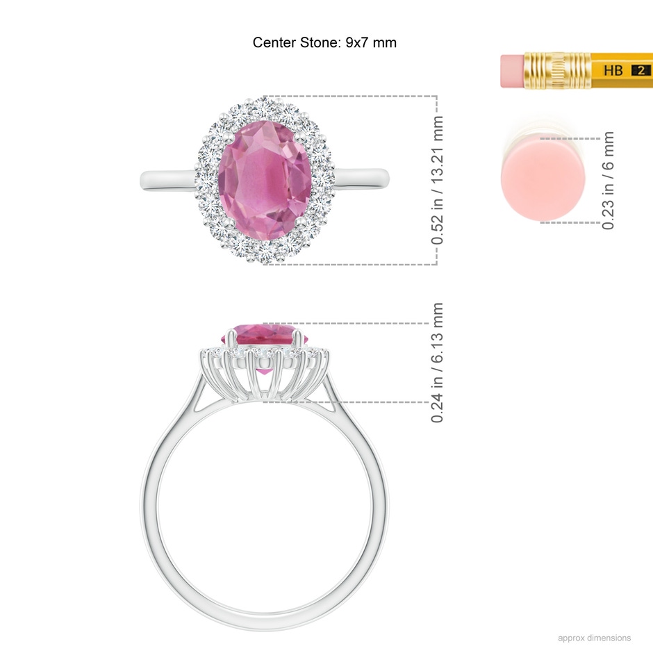 9x7mm AA Oval Pink Tourmaline Ring with Floral Diamond Halo in White Gold ruler