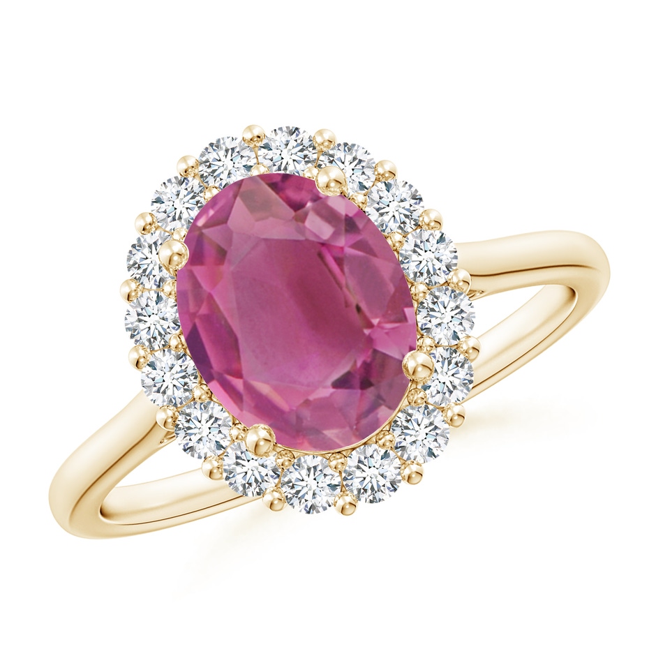 9x7mm AAA Oval Pink Tourmaline Ring with Floral Diamond Halo in Yellow Gold 