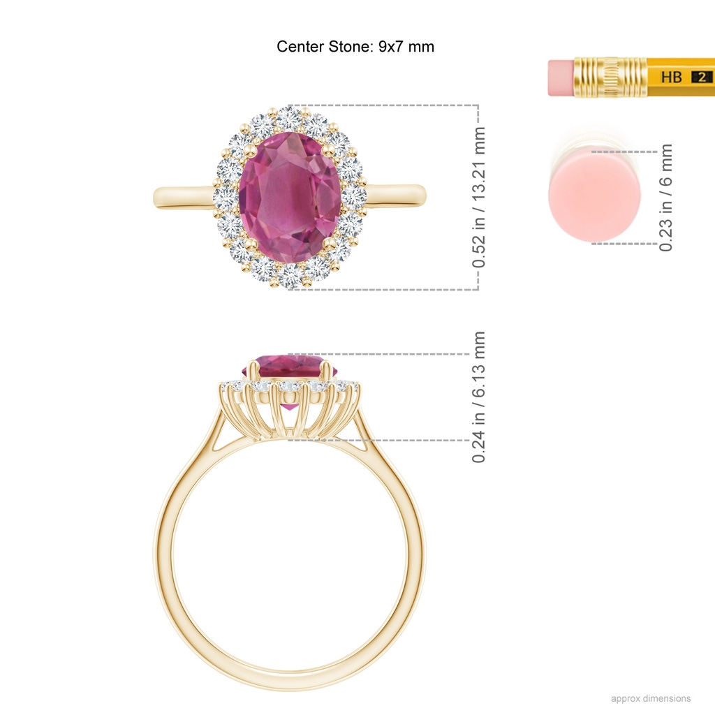 9x7mm AAA Oval Pink Tourmaline Ring with Floral Diamond Halo in Yellow Gold ruler