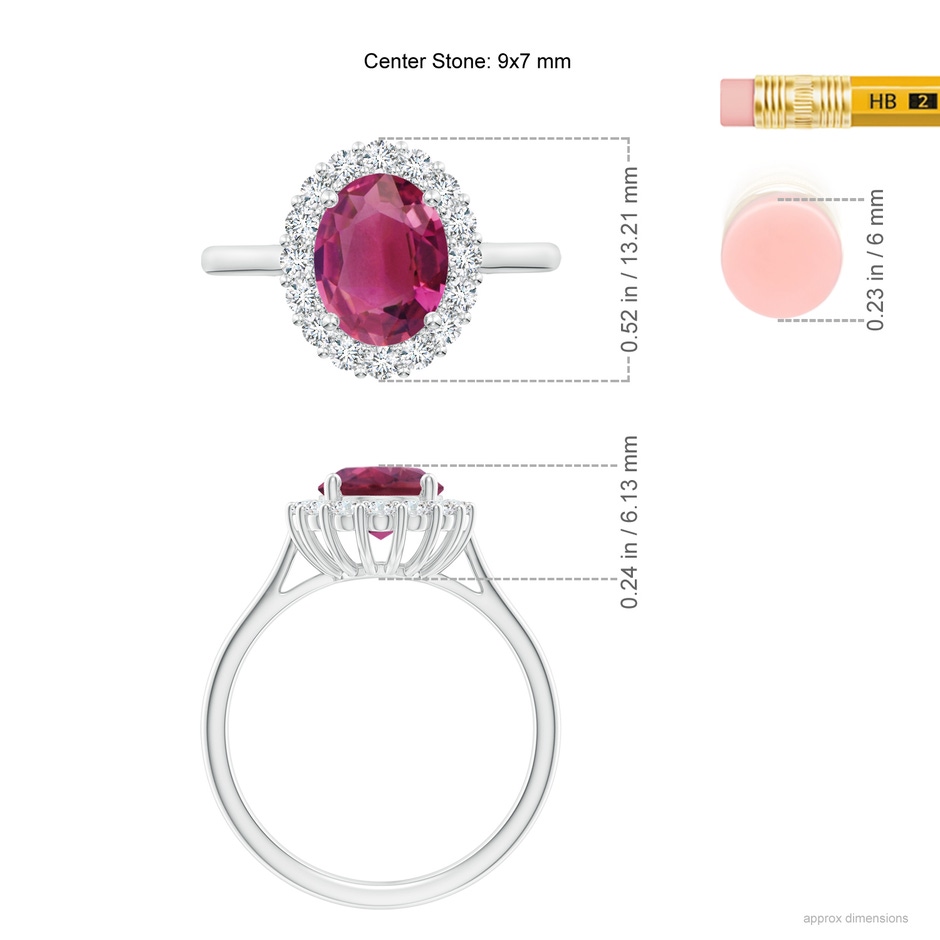 9x7mm AAAA Oval Pink Tourmaline Ring with Floral Diamond Halo in P950 Platinum ruler