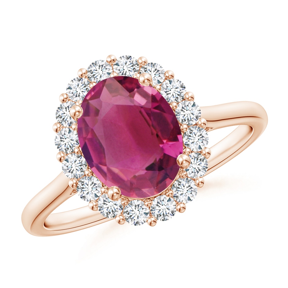 9x7mm AAAA Oval Pink Tourmaline Ring with Floral Diamond Halo in Rose Gold 