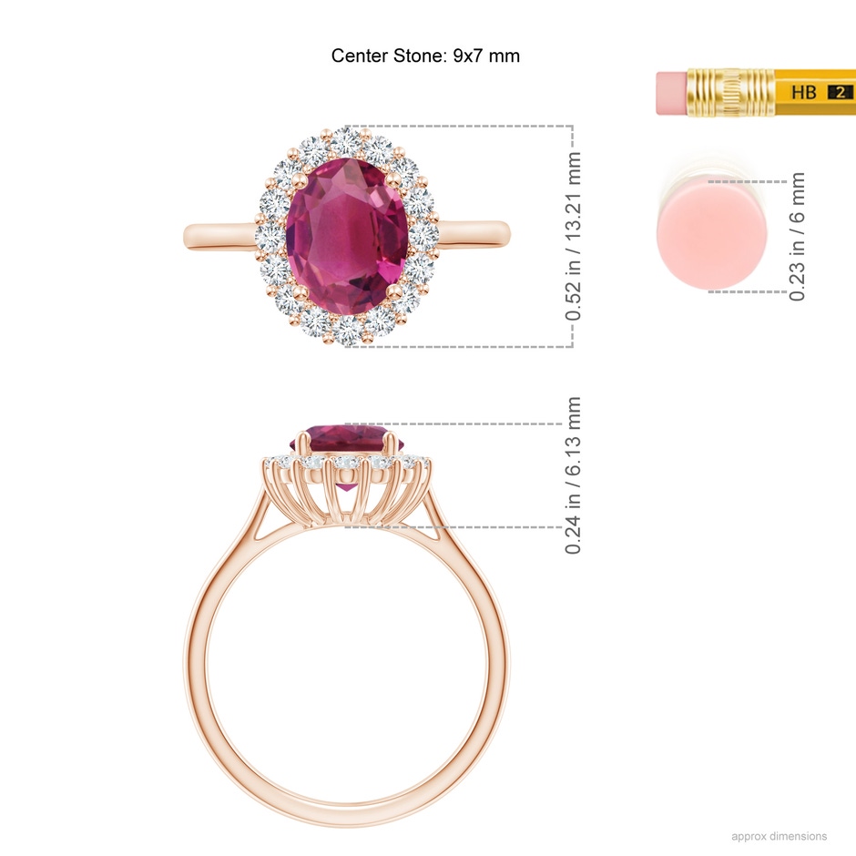 9x7mm AAAA Oval Pink Tourmaline Ring with Floral Diamond Halo in Rose Gold ruler