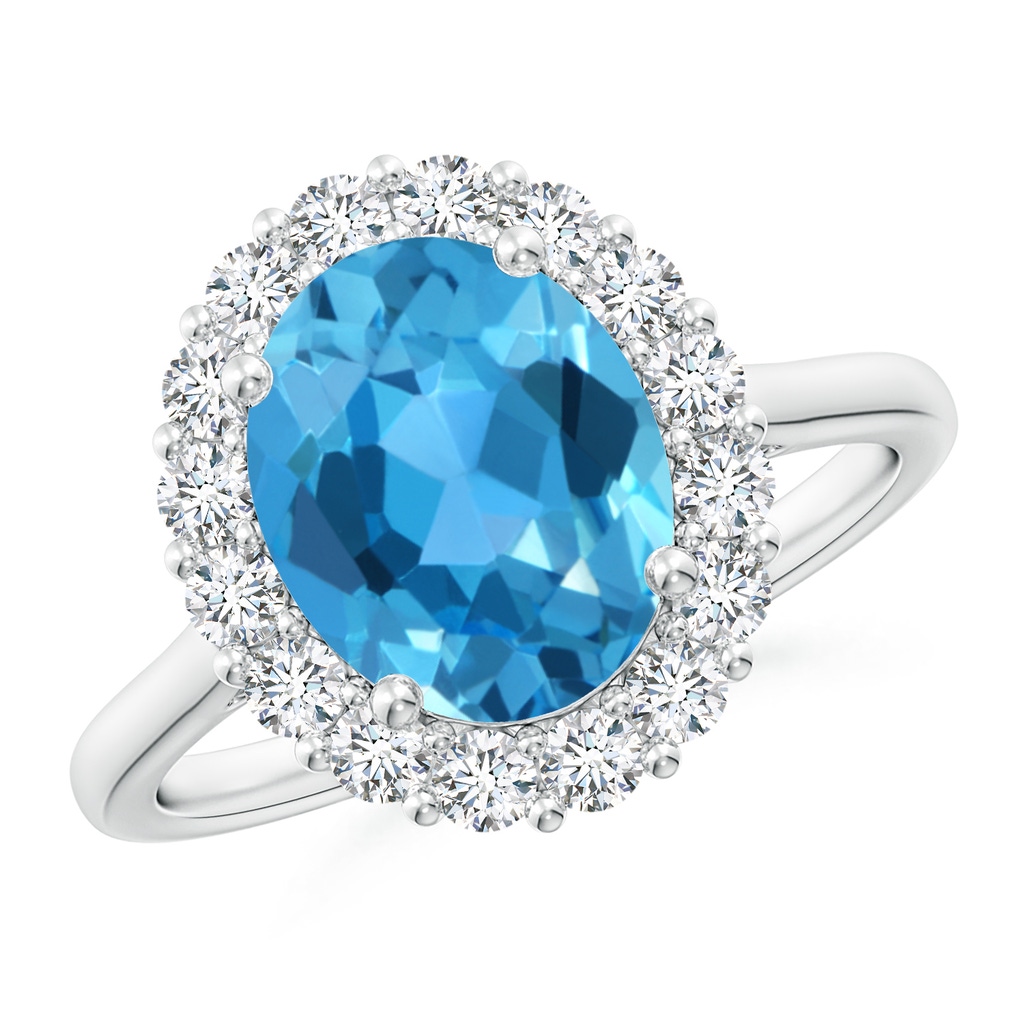 10x8mm AAA Oval Swiss Blue Topaz Ring with Floral Diamond Halo in White Gold