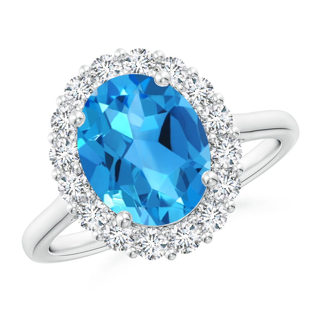 10x8mm AAAA Oval Swiss Blue Topaz Ring with Floral Diamond Halo in P950 Platinum