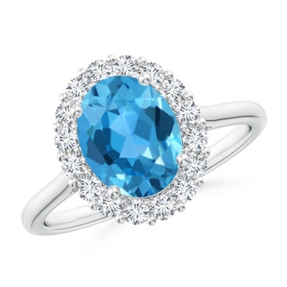 9x7mm AAA Oval Swiss Blue Topaz Ring with Floral Diamond Halo in White Gold