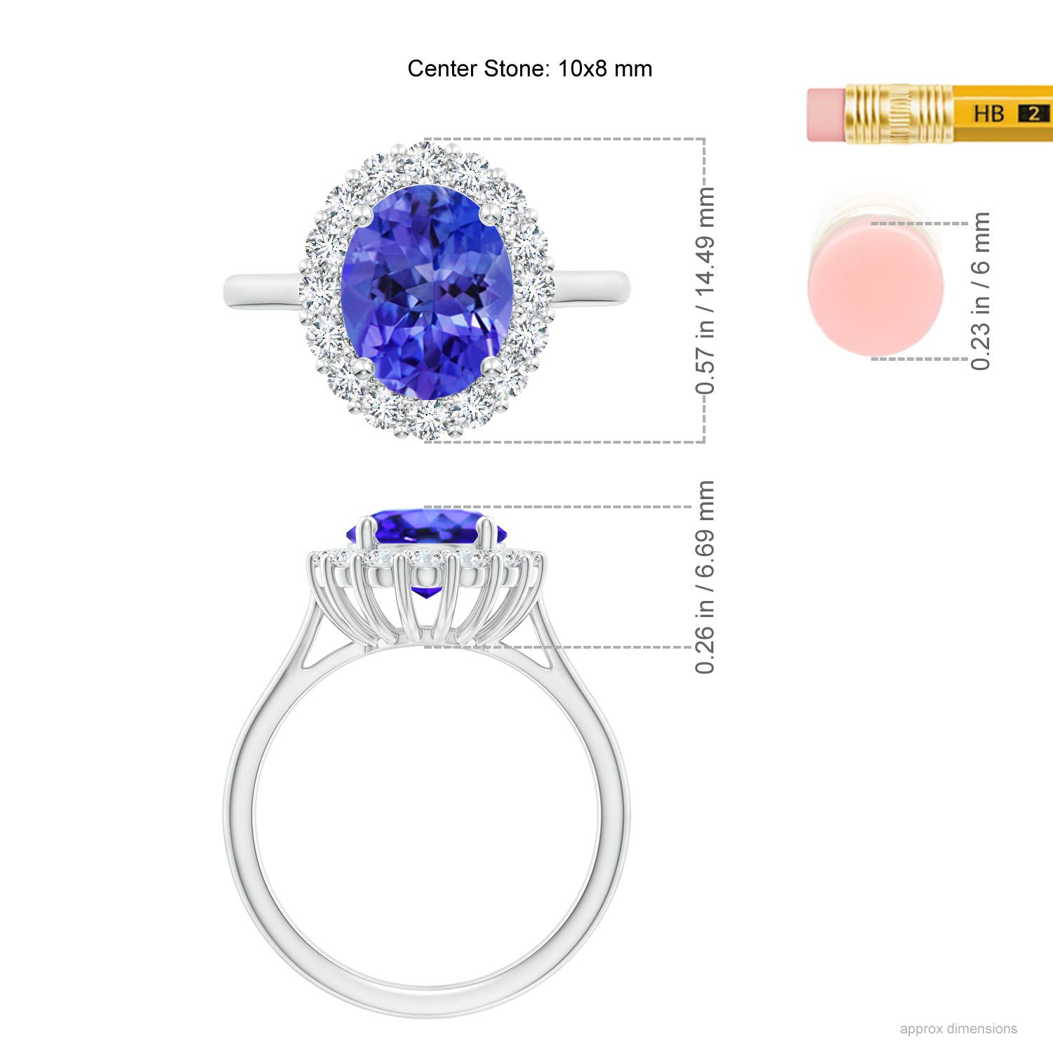10x8mm AAA Oval Tanzanite Ring with Floral Diamond Halo in P950 Platinum - ruler