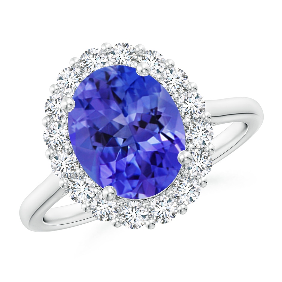 10x8mm AAA Oval Tanzanite Ring with Floral Diamond Halo in White Gold 