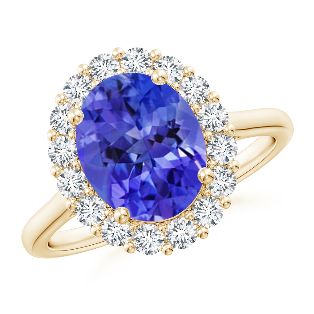 10x8mm AAA Oval Tanzanite Ring with Floral Diamond Halo in Yellow Gold