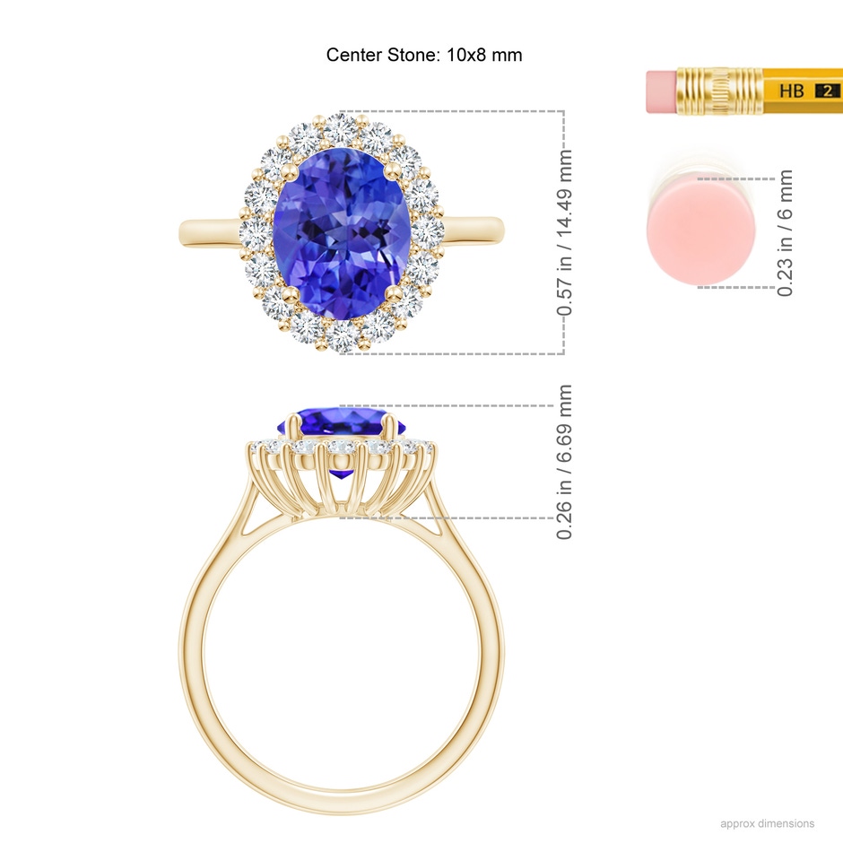 10x8mm AAA Oval Tanzanite Ring with Floral Diamond Halo in Yellow Gold ruler