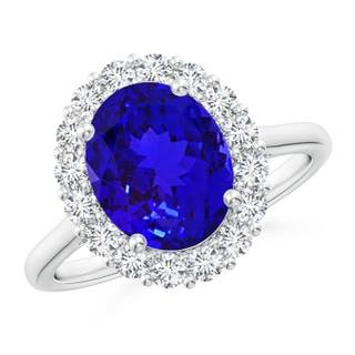 10x8mm AAAA Oval Tanzanite Ring with Floral Diamond Halo in P950 Platinum