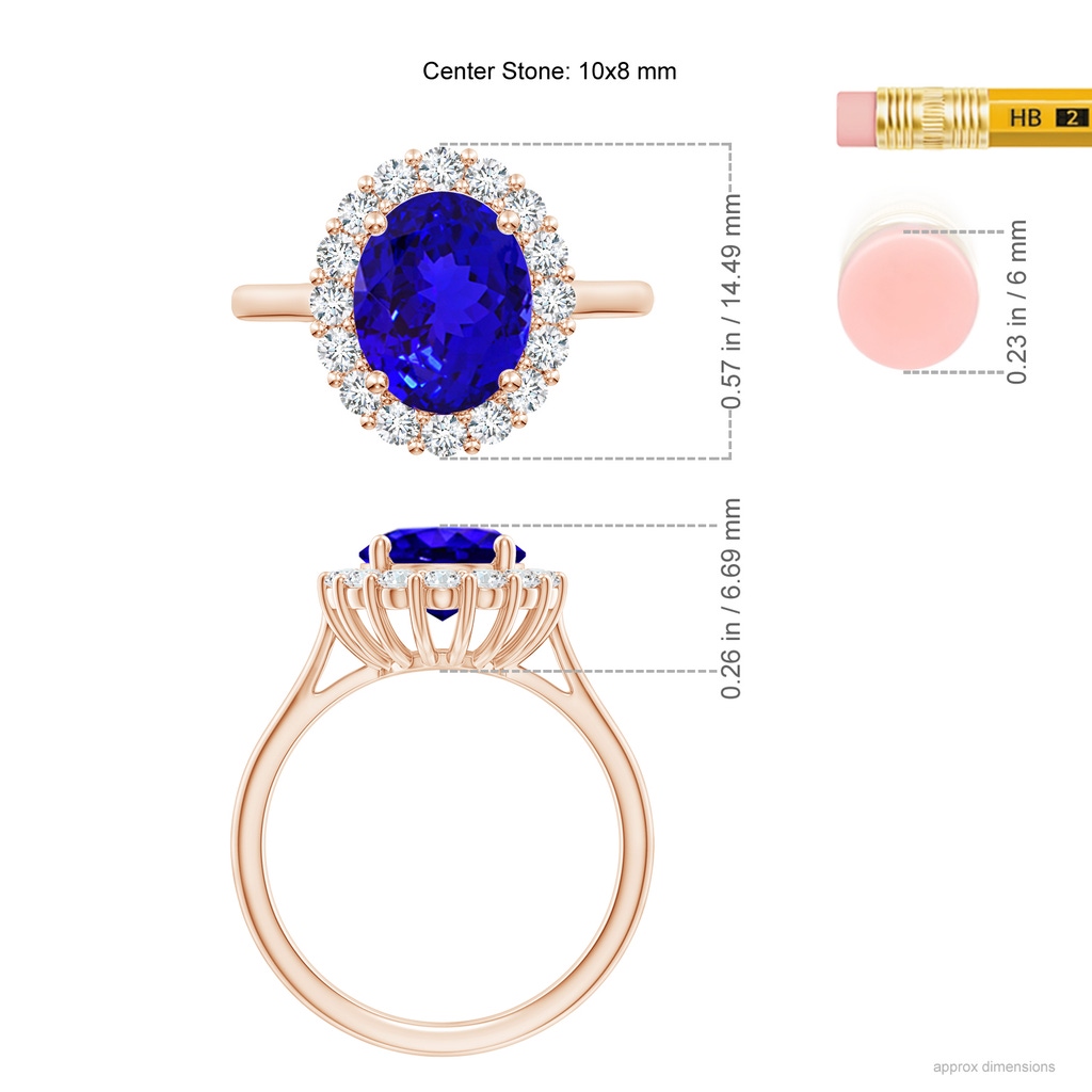 10x8mm AAAA Oval Tanzanite Ring with Floral Diamond Halo in Rose Gold Ruler