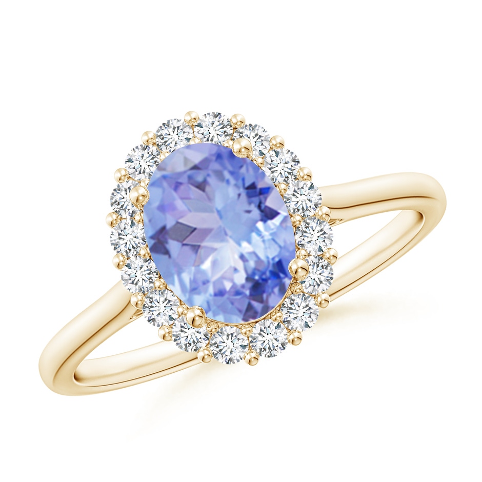 8x6mm A Oval Tanzanite Ring with Floral Diamond Halo in Yellow Gold 