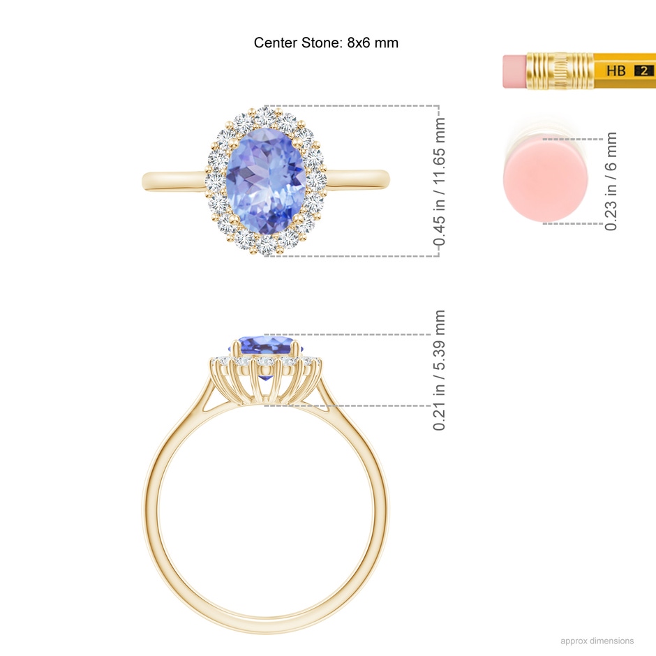 8x6mm A Oval Tanzanite Ring with Floral Diamond Halo in Yellow Gold ruler