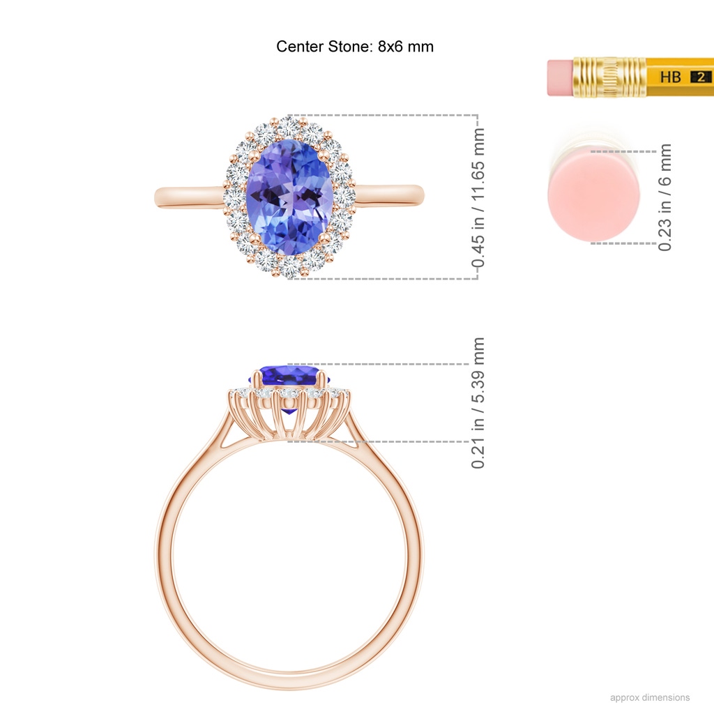 8x6mm AA Oval Tanzanite Ring with Floral Diamond Halo in Rose Gold Ruler