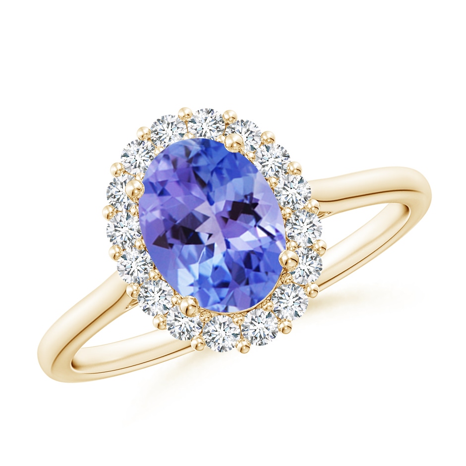 8x6mm AA Oval Tanzanite Ring with Floral Diamond Halo in Yellow Gold 