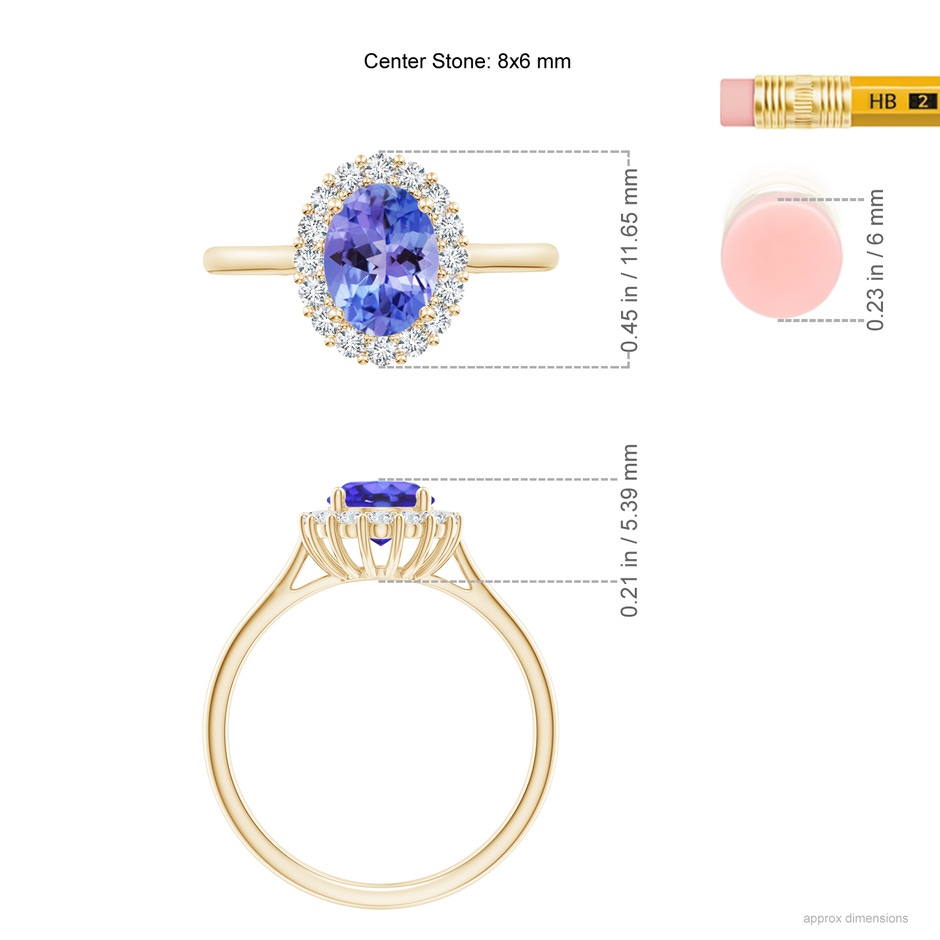 8x6mm AA Oval Tanzanite Ring with Floral Diamond Halo in Yellow Gold ruler