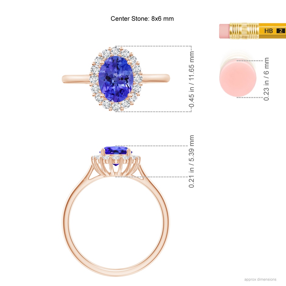 8x6mm AAA Oval Tanzanite Ring with Floral Diamond Halo in Rose Gold ruler