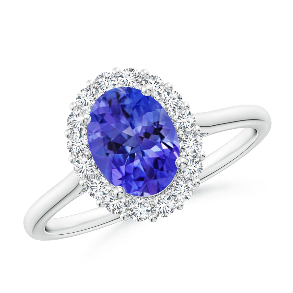 8x6mm AAA Oval Tanzanite Ring with Floral Diamond Halo in White Gold