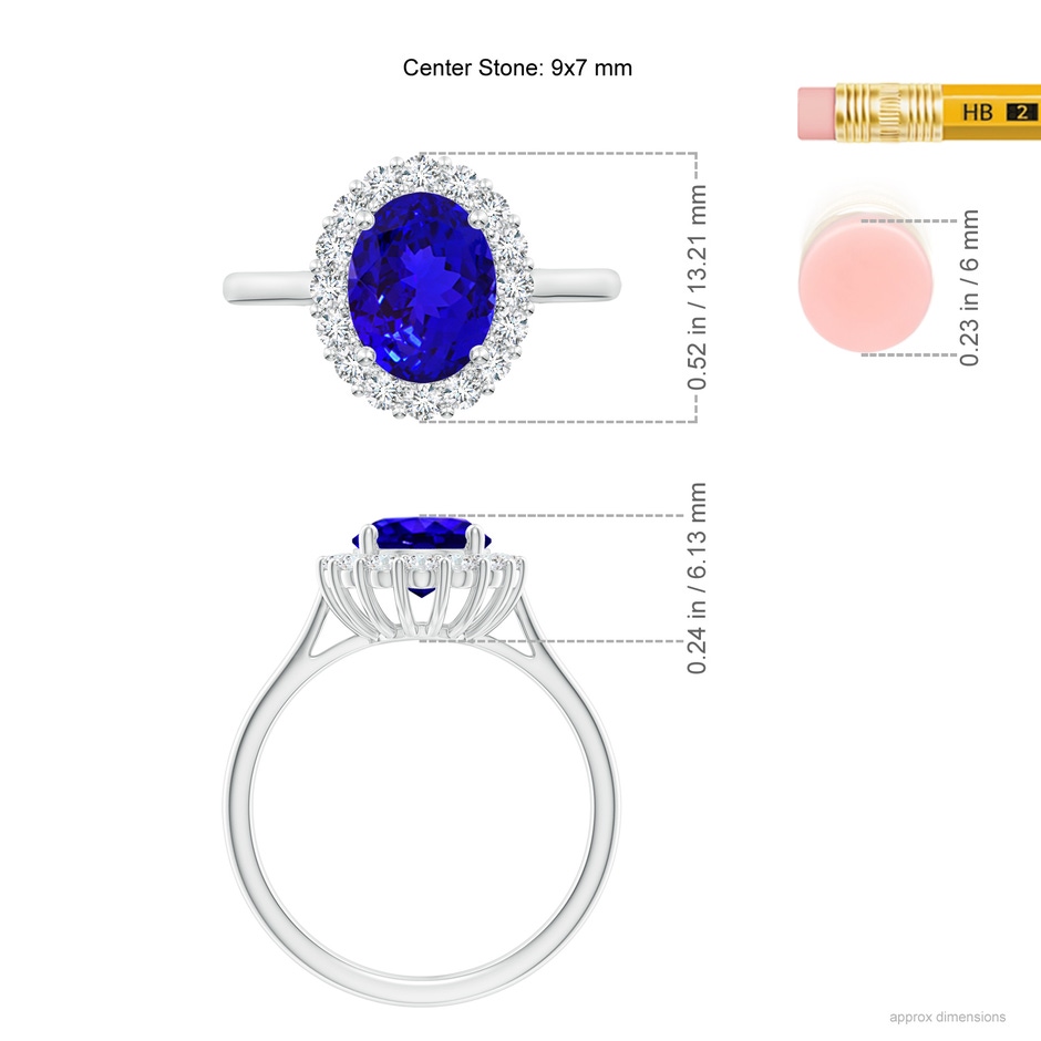 9x7mm AAAA Oval Tanzanite Ring with Floral Diamond Halo in P950 Platinum ruler