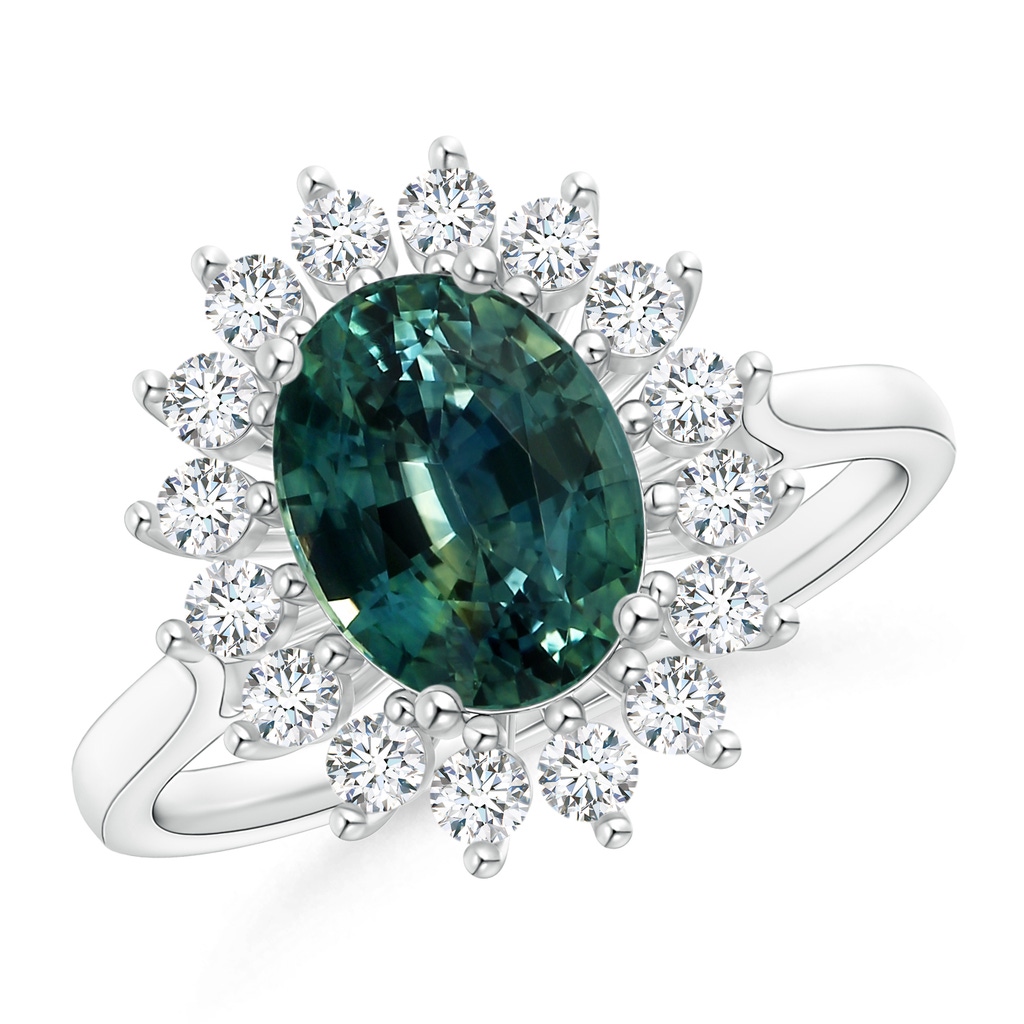 8.31x6.92x4.91mm AAA GIA Certified Teal Montana Sapphire Ring with Floral Halo in 18K White Gold