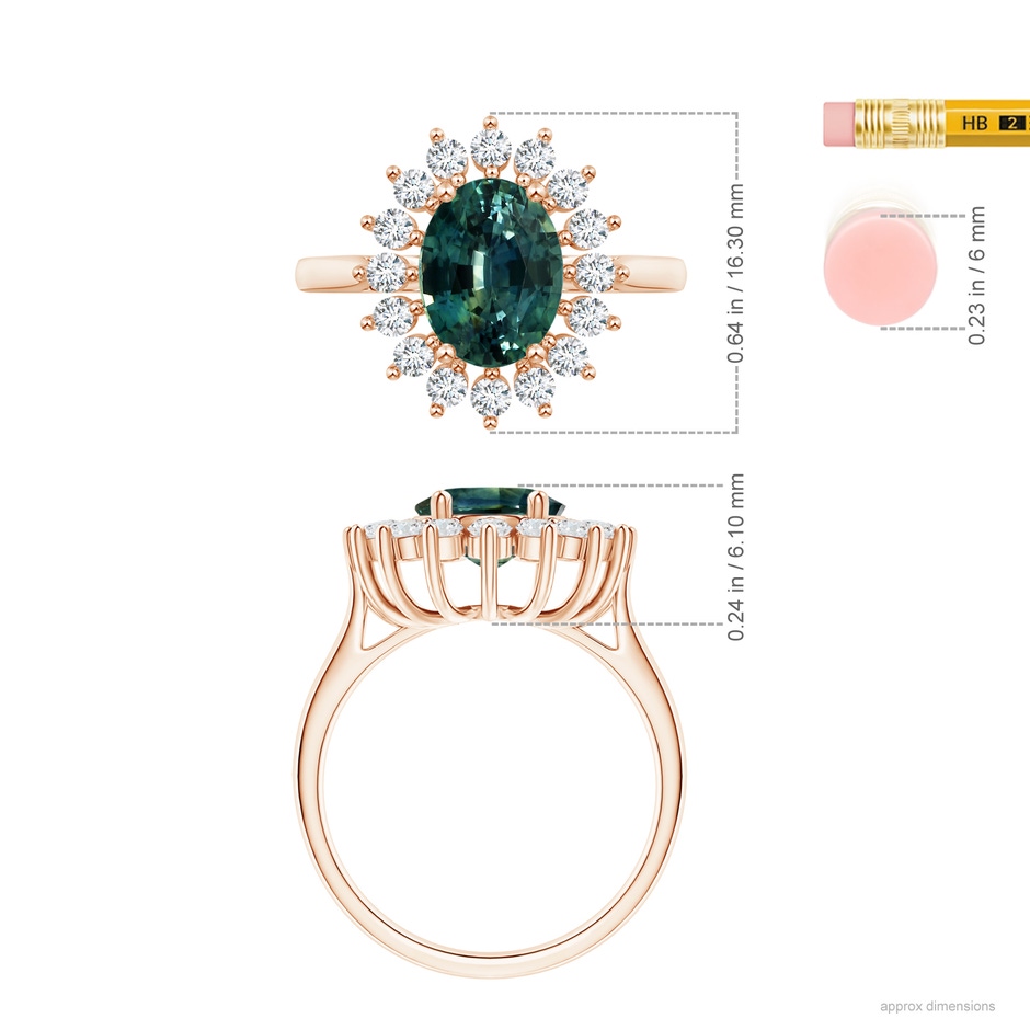 8.31x6.92x4.91mm AAA GIA Certified Teal Montana Sapphire Ring with Floral Halo in Rose Gold ruler