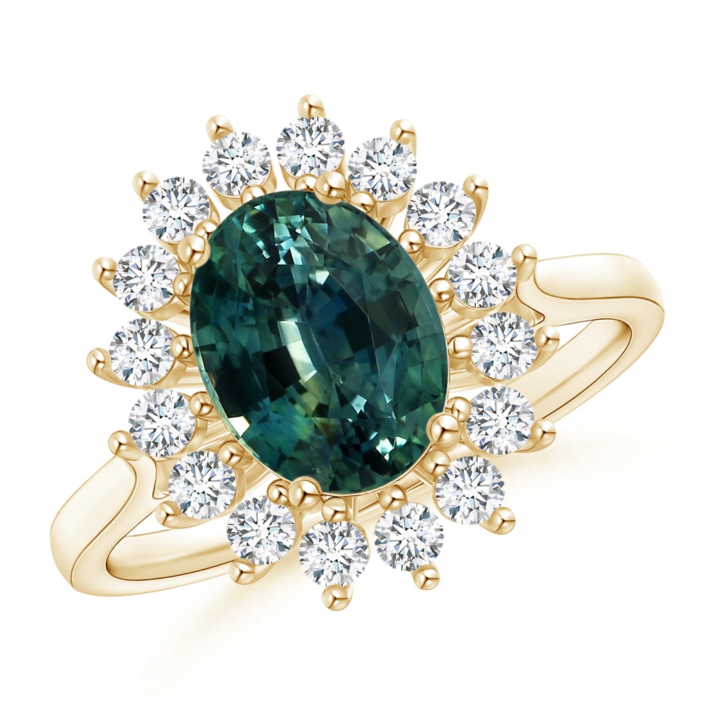 8.31x6.92x4.91mm AAA GIA Certified Teal Montana Sapphire Ring with Floral Halo in Yellow Gold