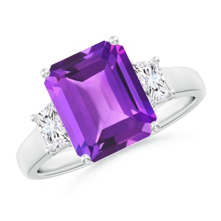 10x8mm AAA Three Stone Emerald-Cut Amethyst and Diamond Ring in White Gold