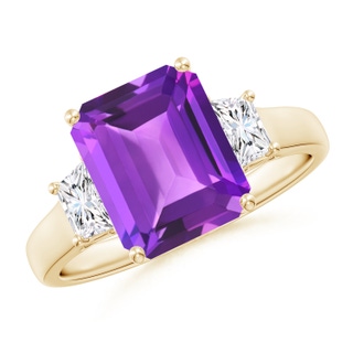 10x8mm AAA Three Stone Emerald-Cut Amethyst and Diamond Ring in Yellow Gold